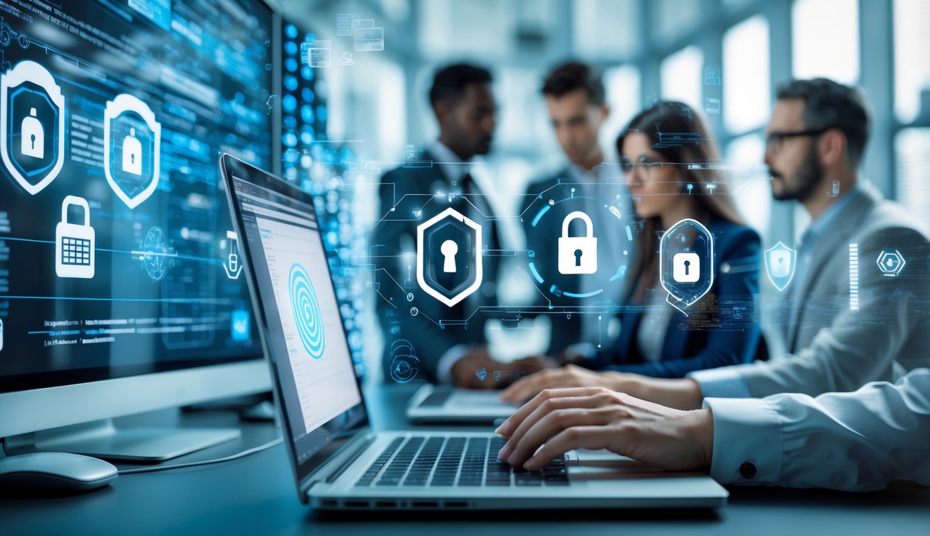 Seorang wanita profesional bekerja di laptop dengan ikon keamanan digital mengambang di atasnya di ruang kantor modern.