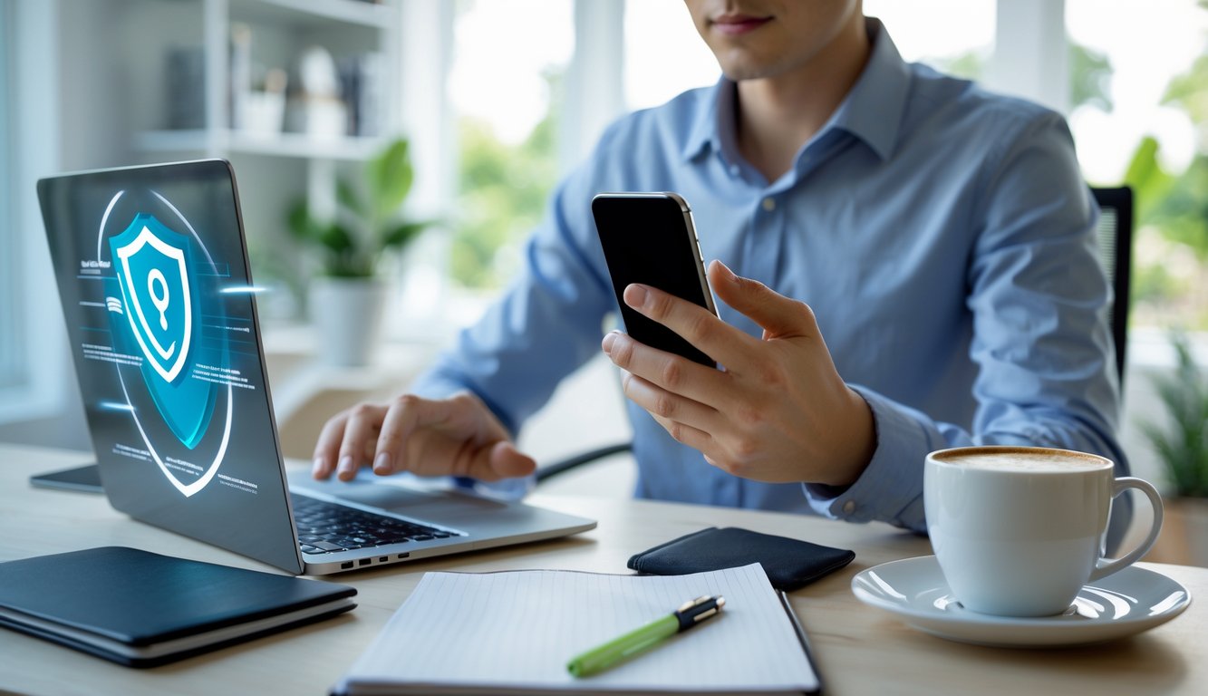 Seseorang menggunakan laptop dan ponsel di meja kerja dengan suasana terang dan rapi.