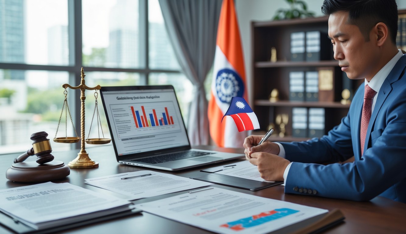 Seorang pejabat Indonesia sedang meninjau dokumen hukum terkait regulasi perjudian di sebuah kantor modern dengan bendera Indonesia di latar belakang.