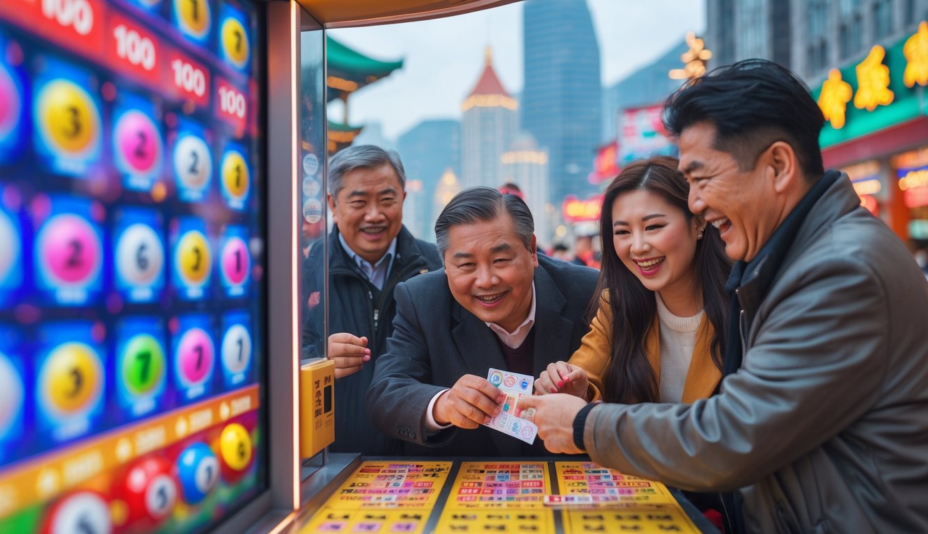 Orang-orang sedang membeli dan memeriksa tiket lotere di sebuah stan lotere di Macau dengan latar belakang bangunan ikonik.