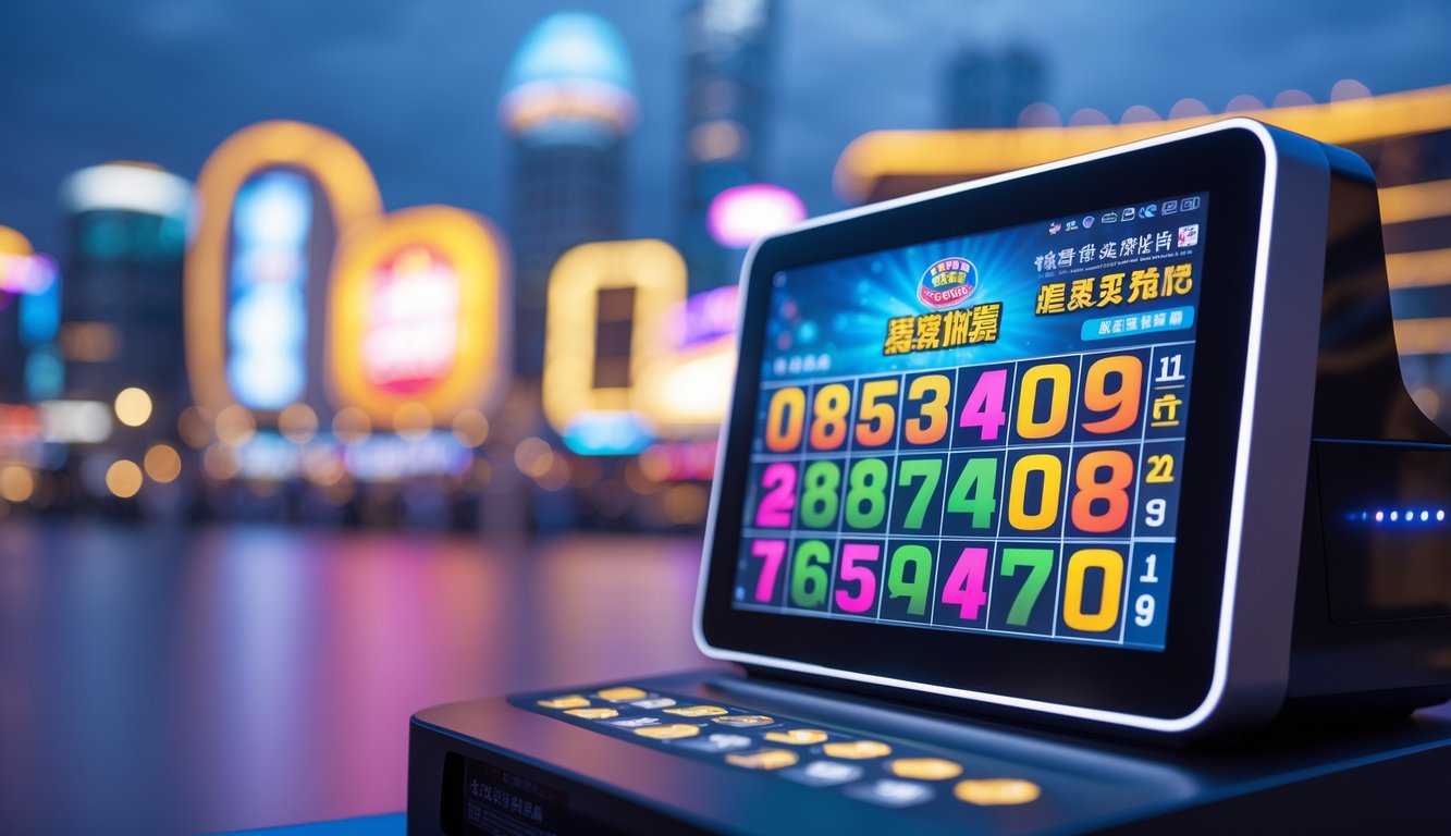 Terminal digital modern dengan layar menampilkan angka dan grafik warna-warni, latar belakang samar menunjukkan pemandangan kota Macau pada malam hari.