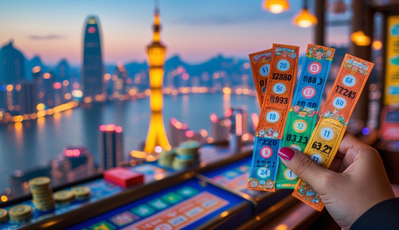 Tangan memegang tiket lotere berwarna-warni dengan latar belakang pemandangan kota Macau saat senja.