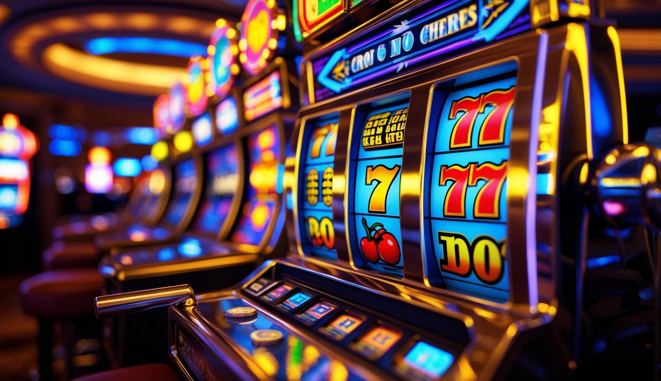 Mesin slot kasino berwarna cerah dengan simbol klasik dan koin berserakan di sekitarnya.