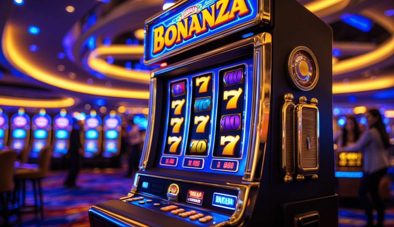 Mesin slot Bonanza yang menyala dengan latar kasino yang ramai dan orang-orang bermain di sekitarnya.