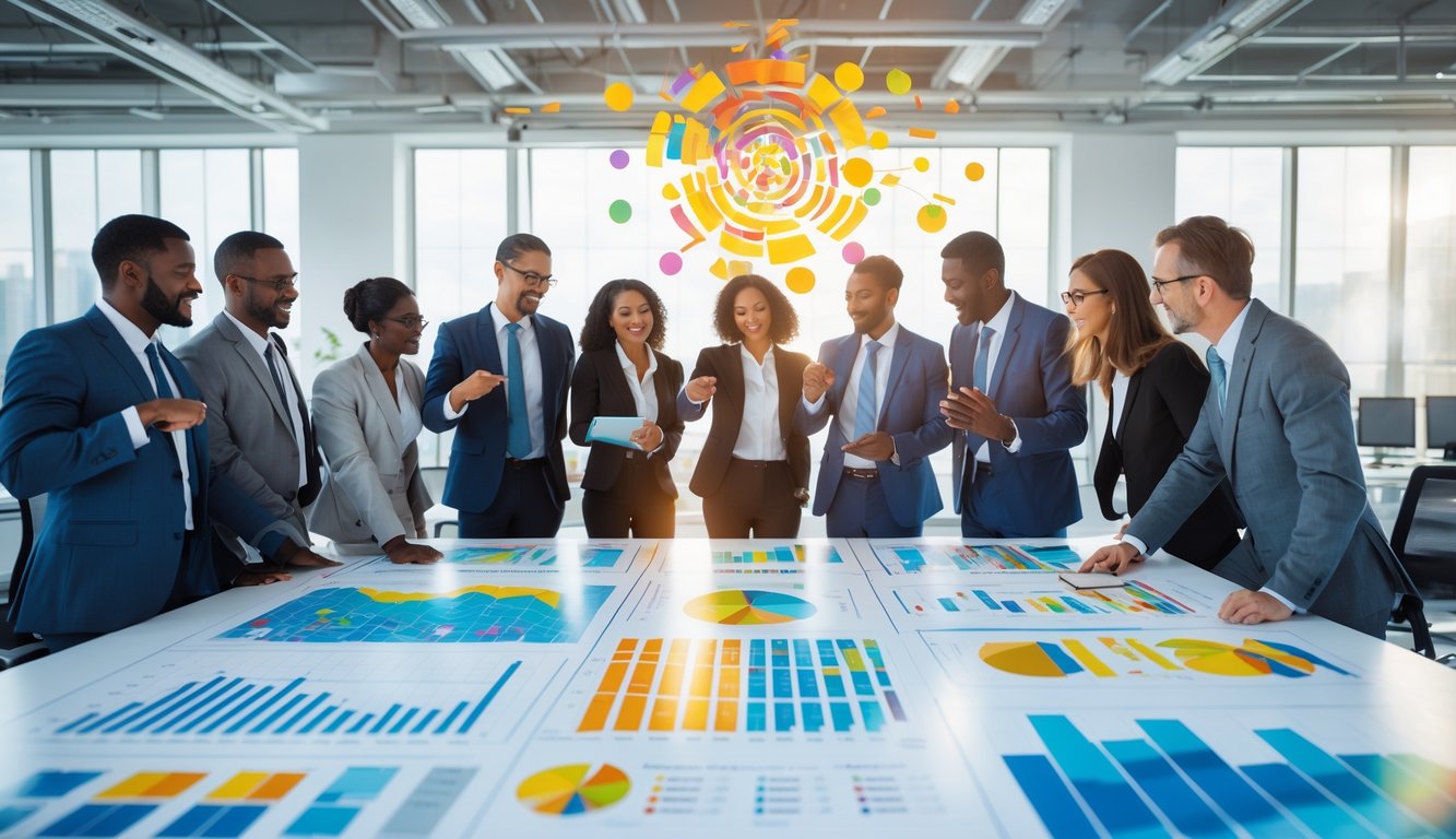 Sekelompok profesional sedang berdiskusi di ruang kantor modern dengan grafik dan pola warna-warni di meja dan layar.