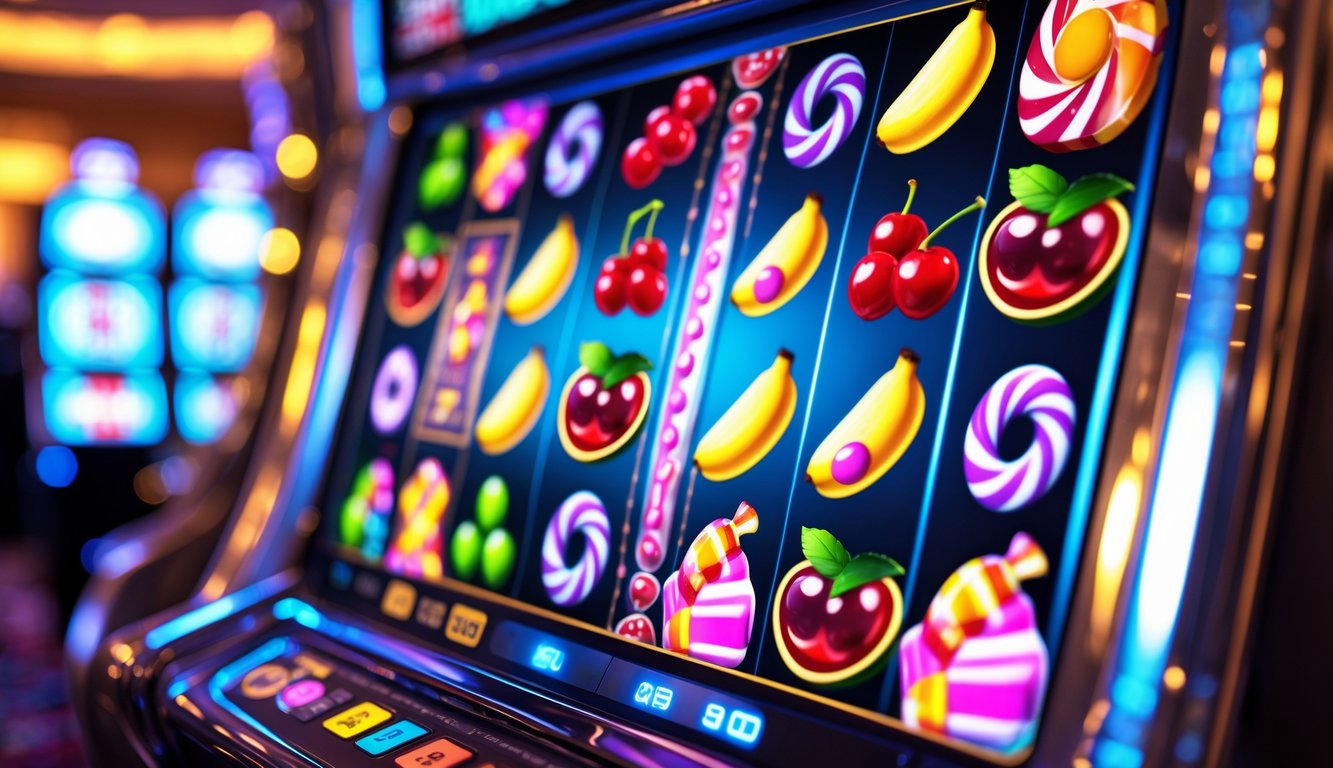 Tampilan dekat mesin slot dengan simbol buah dan permen berwarna cerah di latar kasino yang samar.
