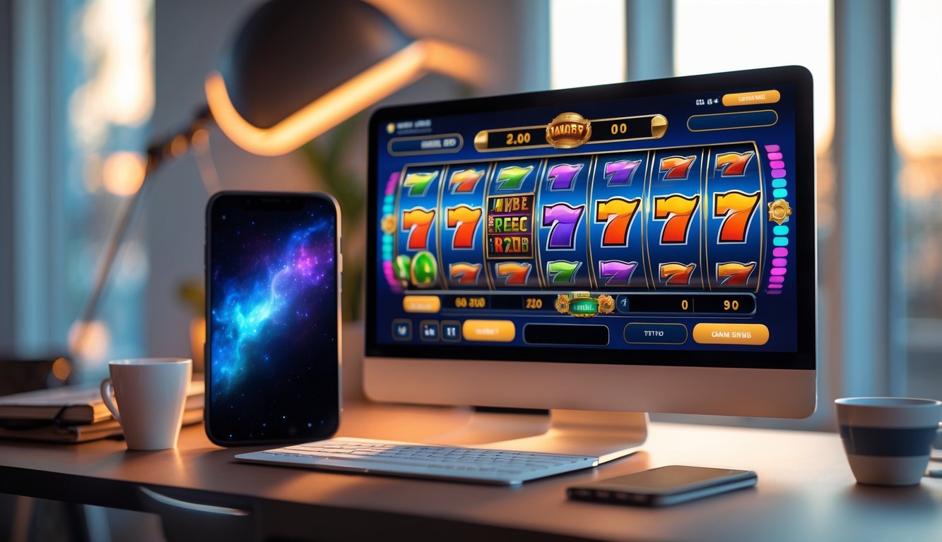 Sebuah meja kerja dengan komputer menampilkan permainan mesin slot digital yang berwarna-warni, dikelilingi oleh ponsel, cangkir kopi, dan buku catatan.