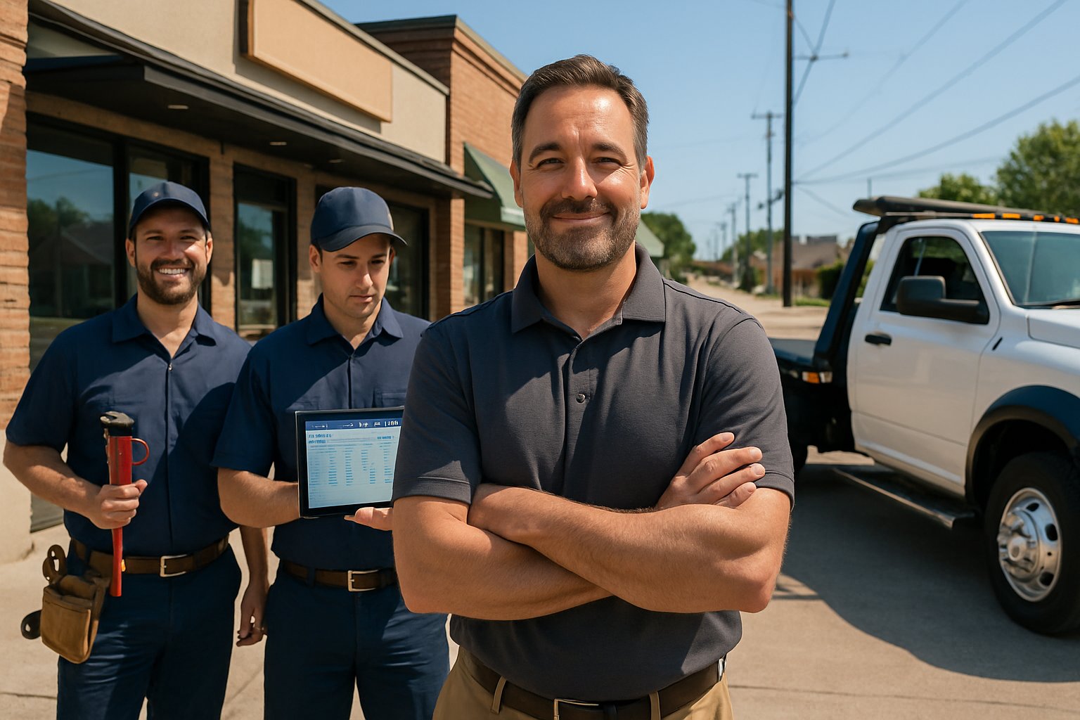 Three service professionals including a plumber, HVAC technician, and tow truck driver standing outside local businesses on a sunny suburban street.