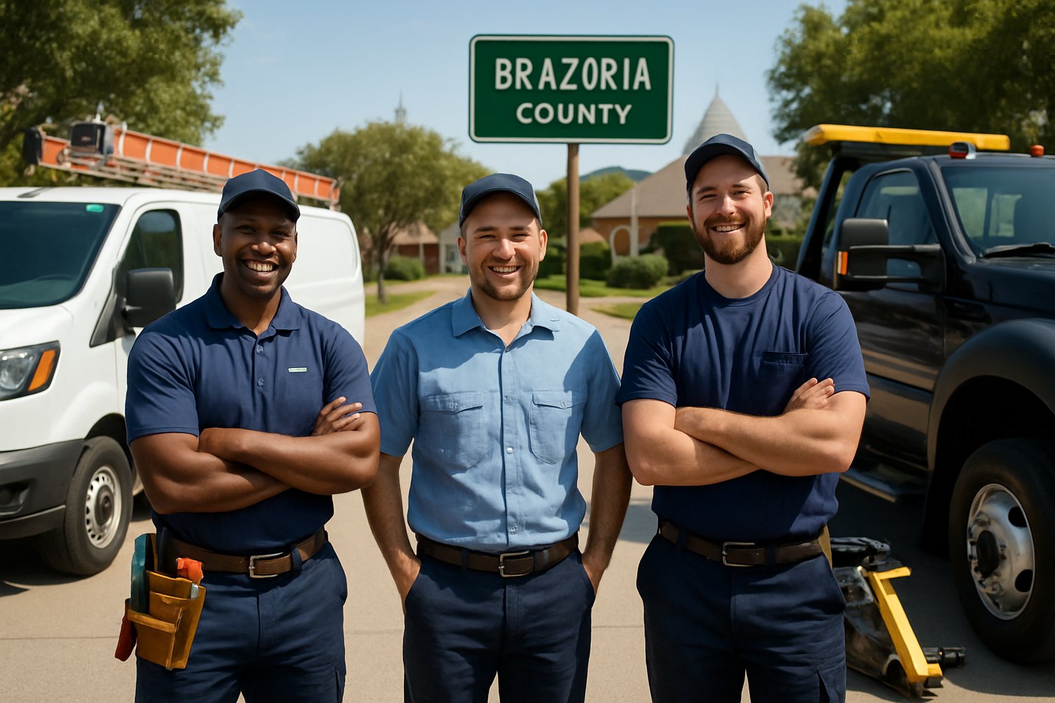 A group of service professionals including a plumber, HVAC technician, and tow truck operator standing together on a sunny suburban street with their vehicles and equipment.