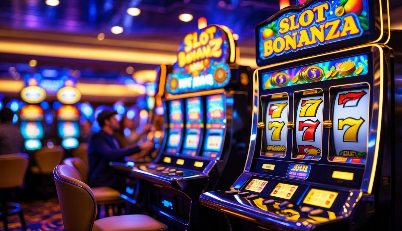 Area kasino dengan mesin slot berwarna-warni yang menyala dan beberapa orang bermain di latar belakang.