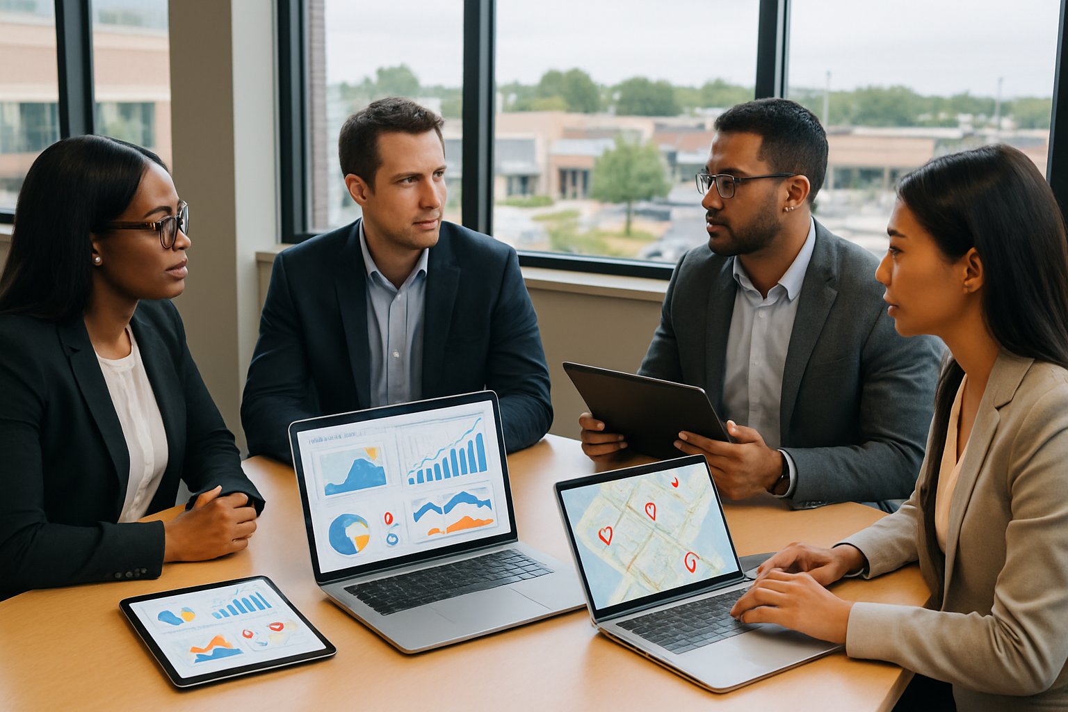 A team of professionals collaborating around a table with laptops and digital maps showing local search data in an office with a view of a suburban commercial area.