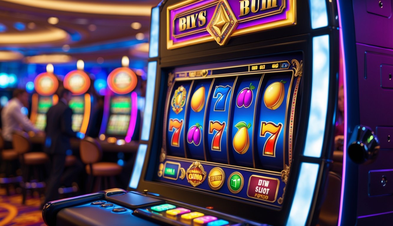 Mesin slot kasino modern dengan gulungan berwarna-warni dan latar belakang suasana kasino yang ramai.