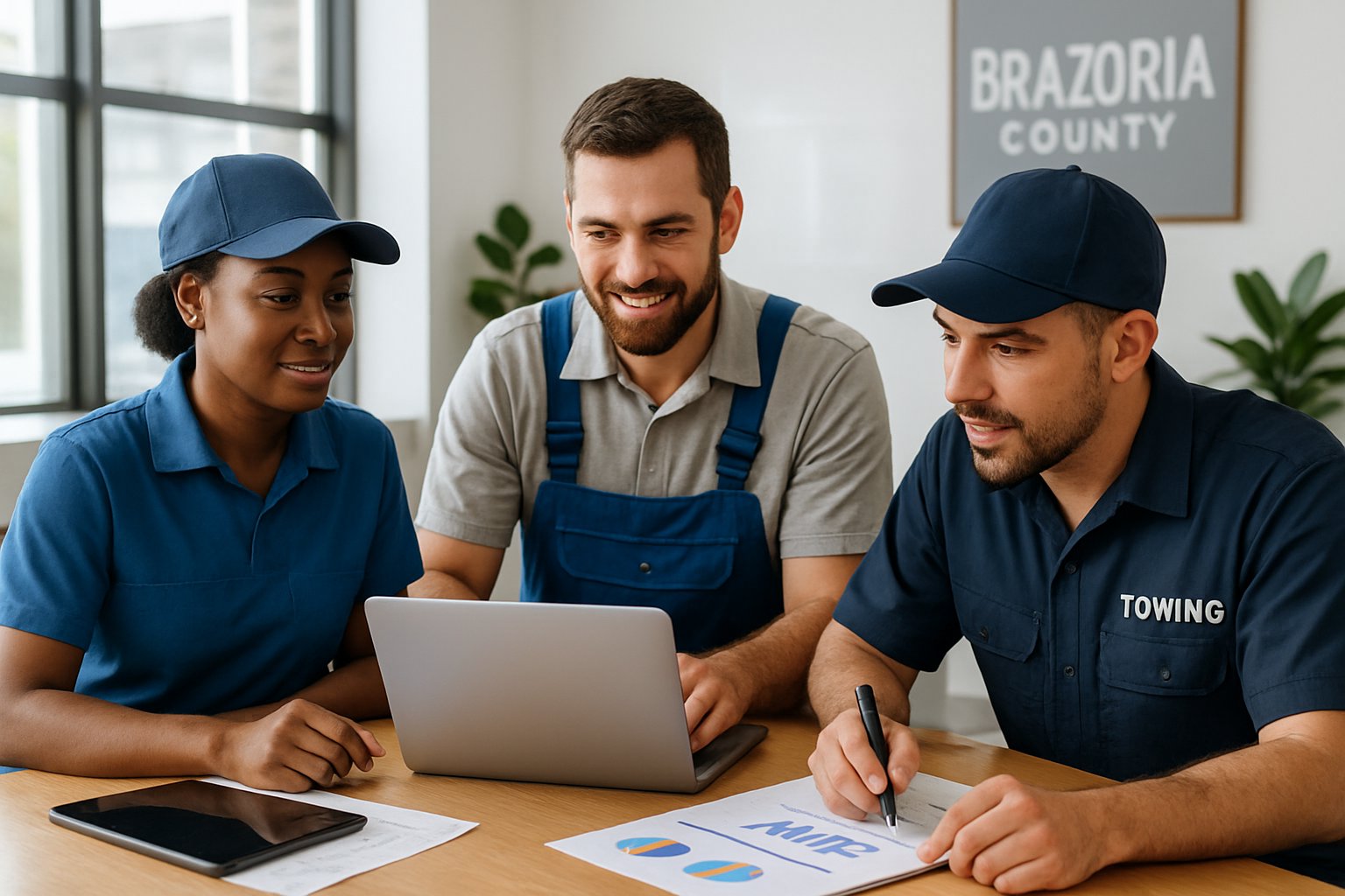 A group of service professionals including a plumber, HVAC technician, and towing worker collaborating around a table in an office.