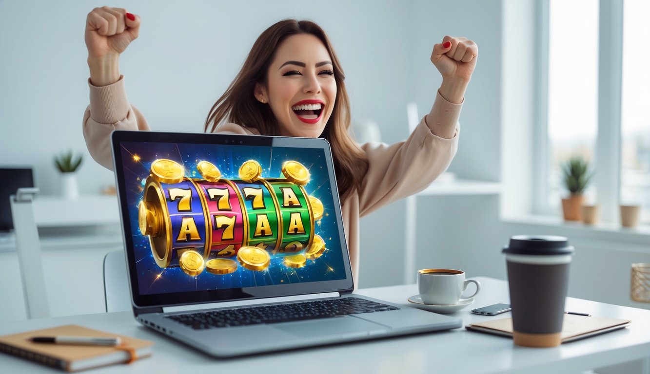 Seorang wanita muda tersenyum dan merayakan kemenangan saat bermain permainan Bonanza di laptop di sebuah ruangan yang terang.