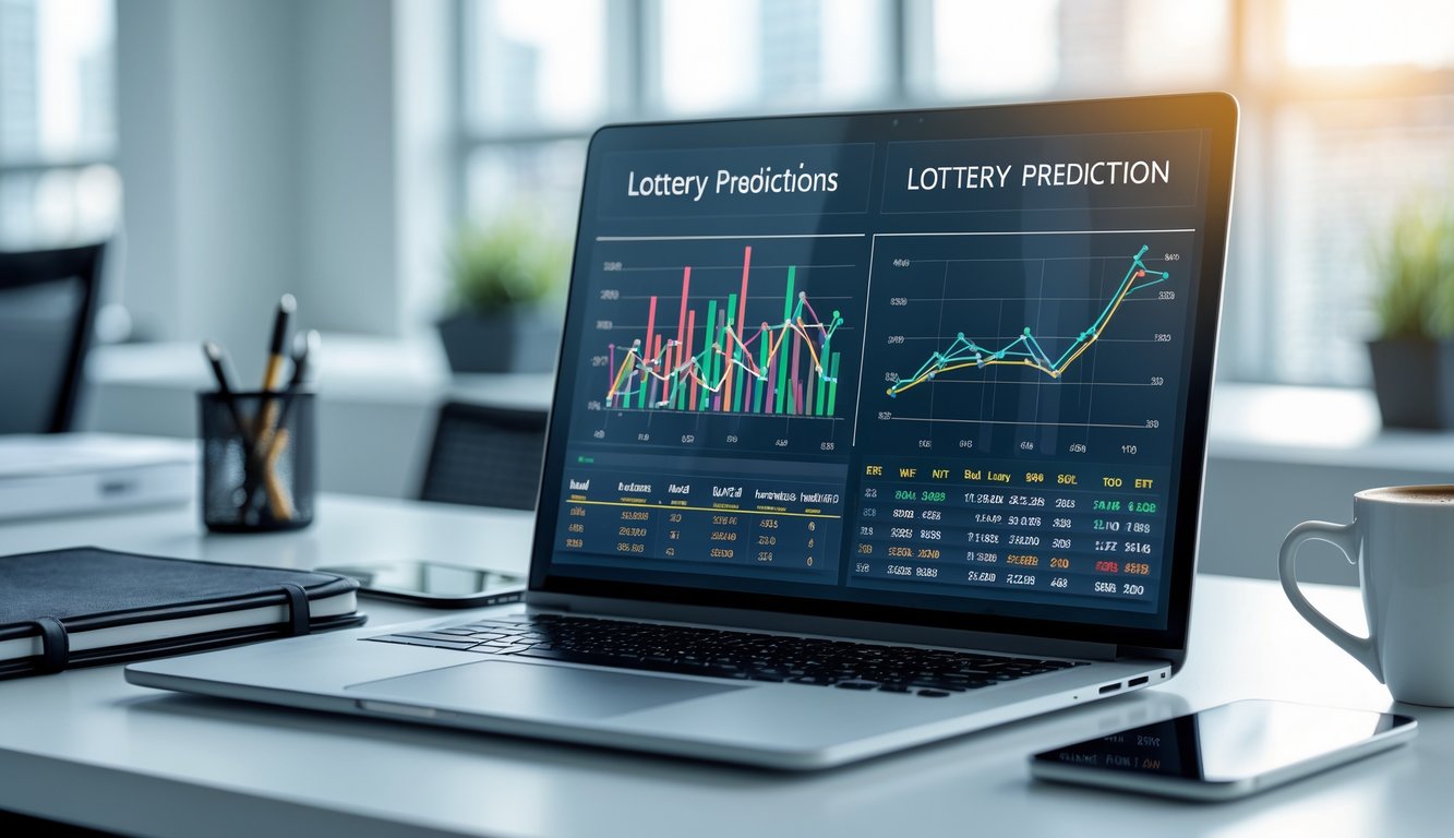 Meja kerja modern dengan laptop yang menampilkan grafik dan data, dikelilingi perlengkapan kantor seperti buku catatan, pena, ponsel, dan secangkir kopi di ruangan terang.