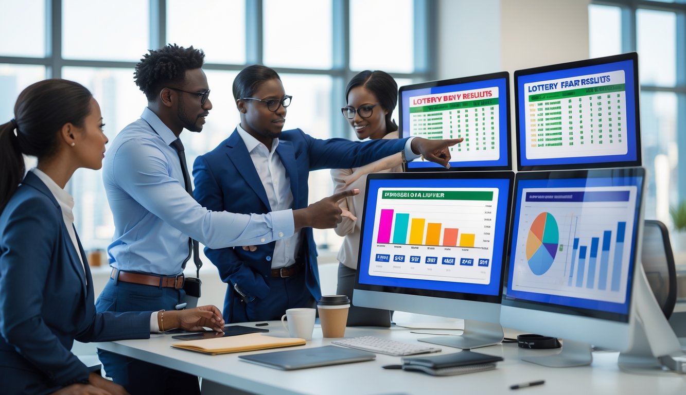 Sekelompok profesional sedang berdiskusi di kantor dengan layar komputer yang menampilkan data dan grafik.