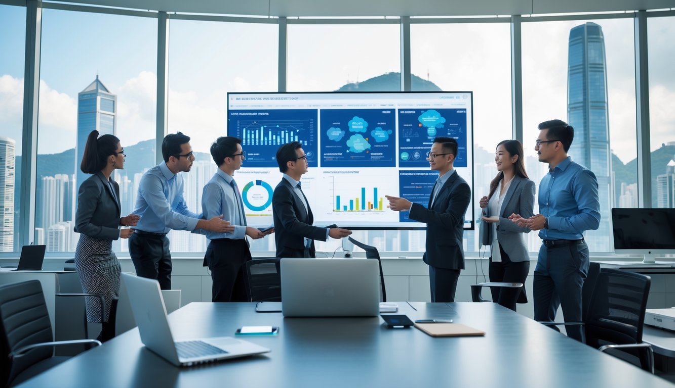 Sekelompok profesional bekerja bersama di kantor modern dengan layar digital besar menampilkan data dan grafik, latar belakang jendela besar dengan pemandangan kota Hong Kong.