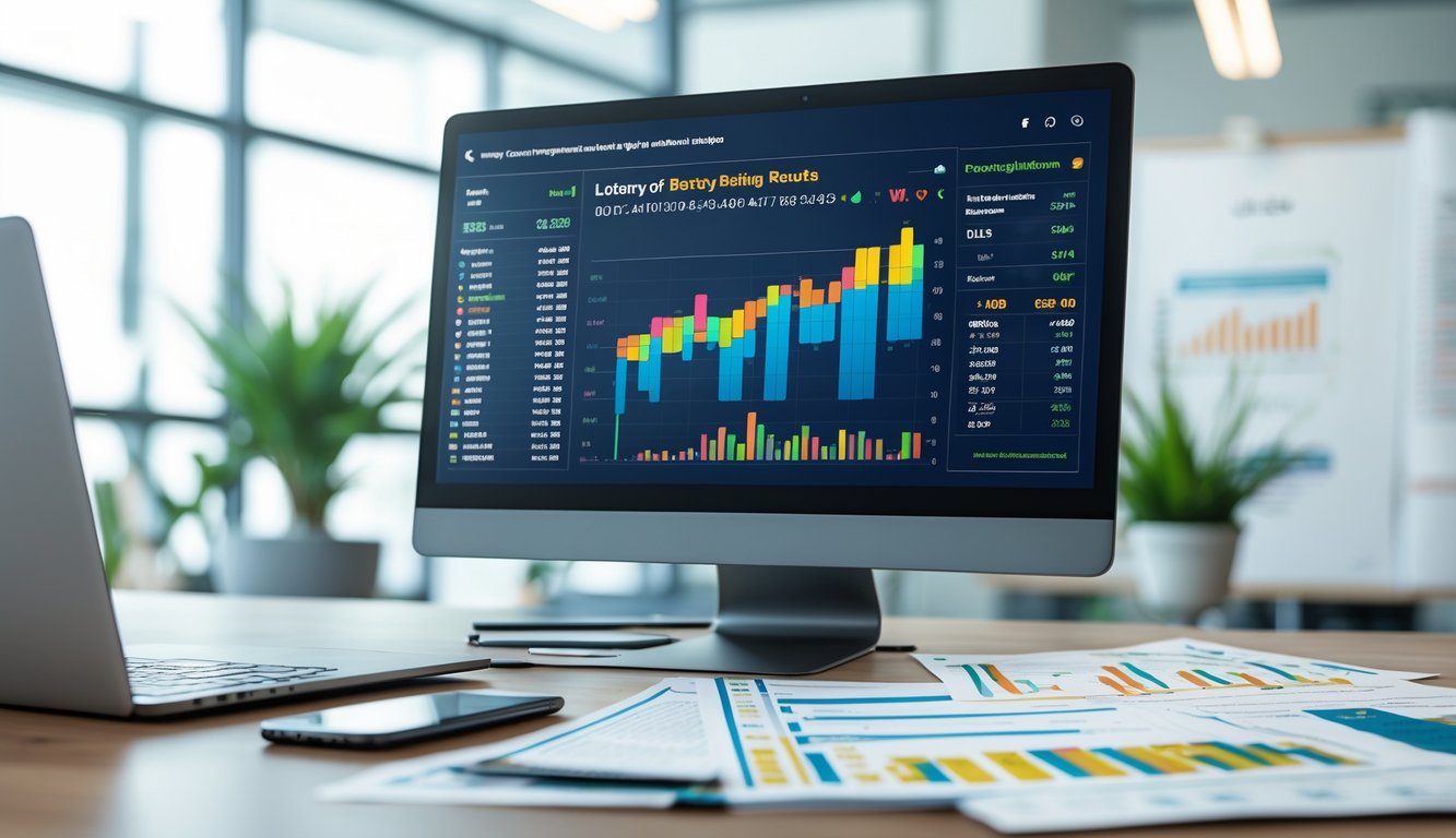 Sebuah kantor modern dengan komputer menampilkan grafik dan data analitik, suasana kerja yang rapi dan terang.