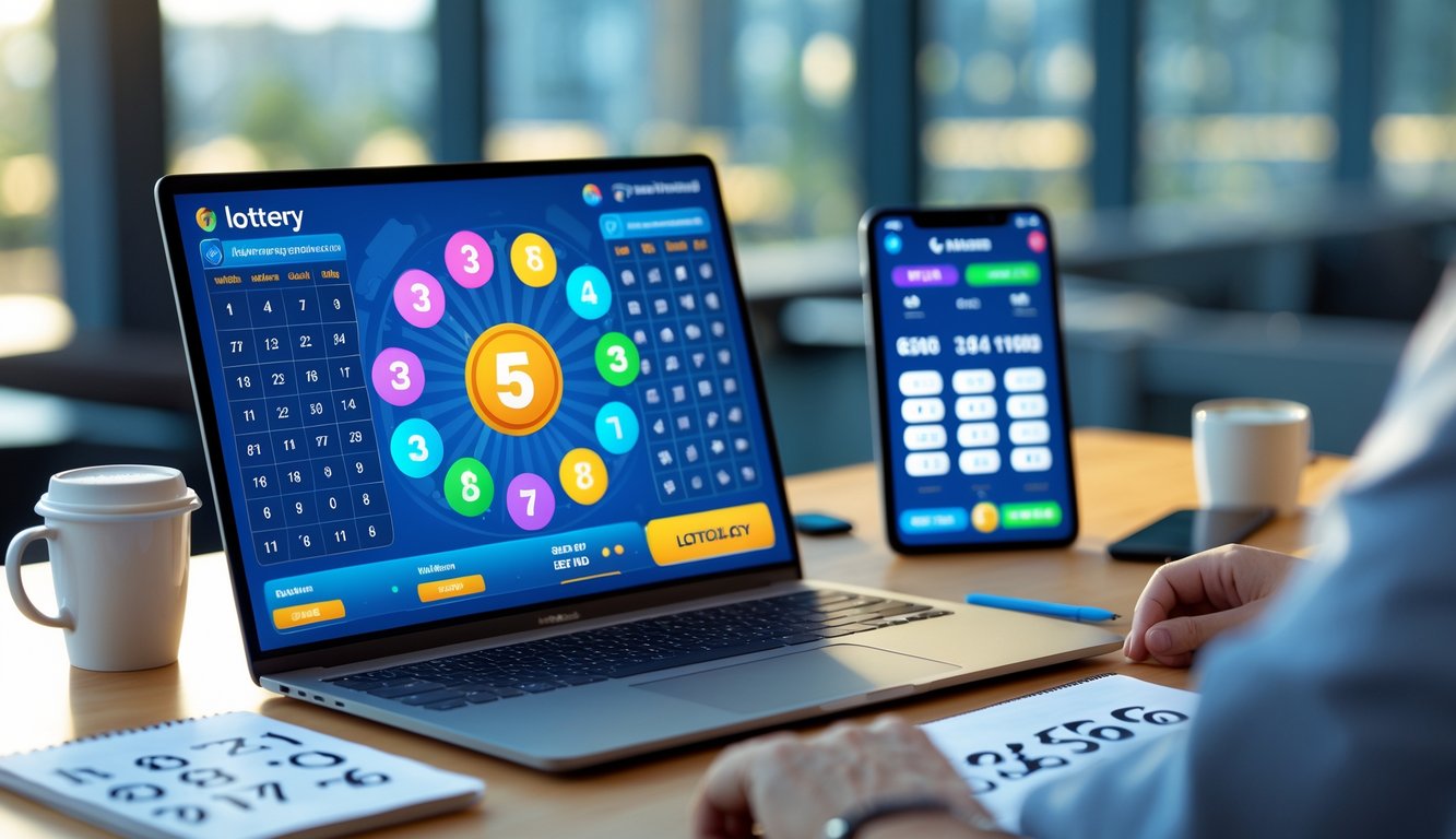 Seorang pria menggunakan laptop di meja kerja dengan layar menampilkan antarmuka permainan lotere online, dikelilingi oleh ponsel, cangkir kopi, dan buku catatan.