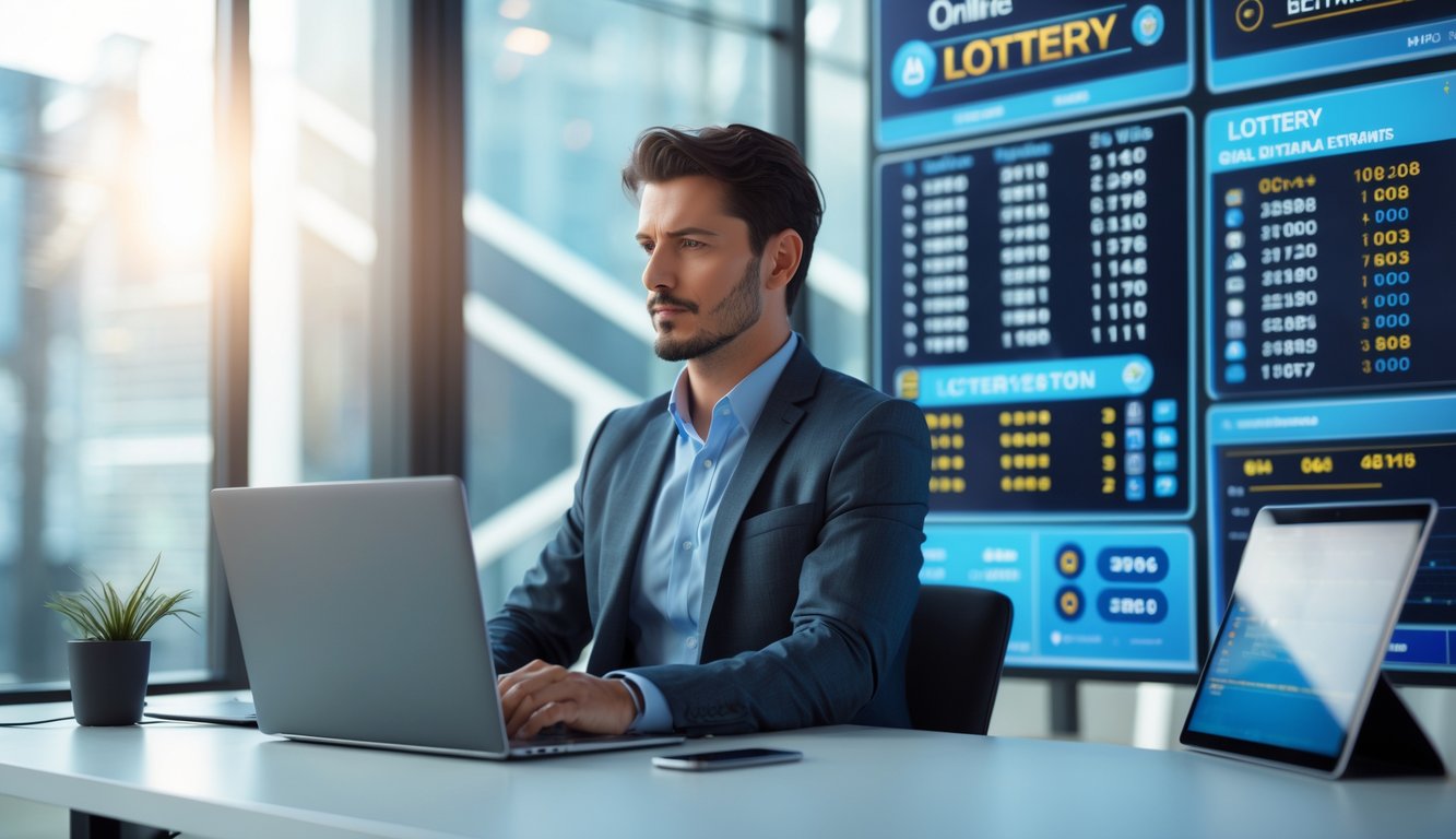 Seorang profesional duduk di meja kantor modern dengan beberapa layar yang menampilkan angka lotre dan grafik taruhan.