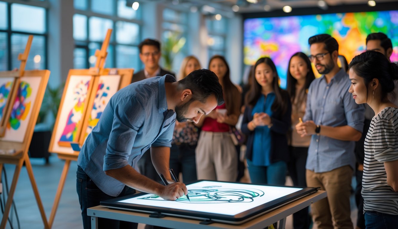 Sebuah acara menggambar langsung di dalam ruangan dengan seorang seniman yang sedang aktif menggambar dan beberapa orang menonton dengan antusias.