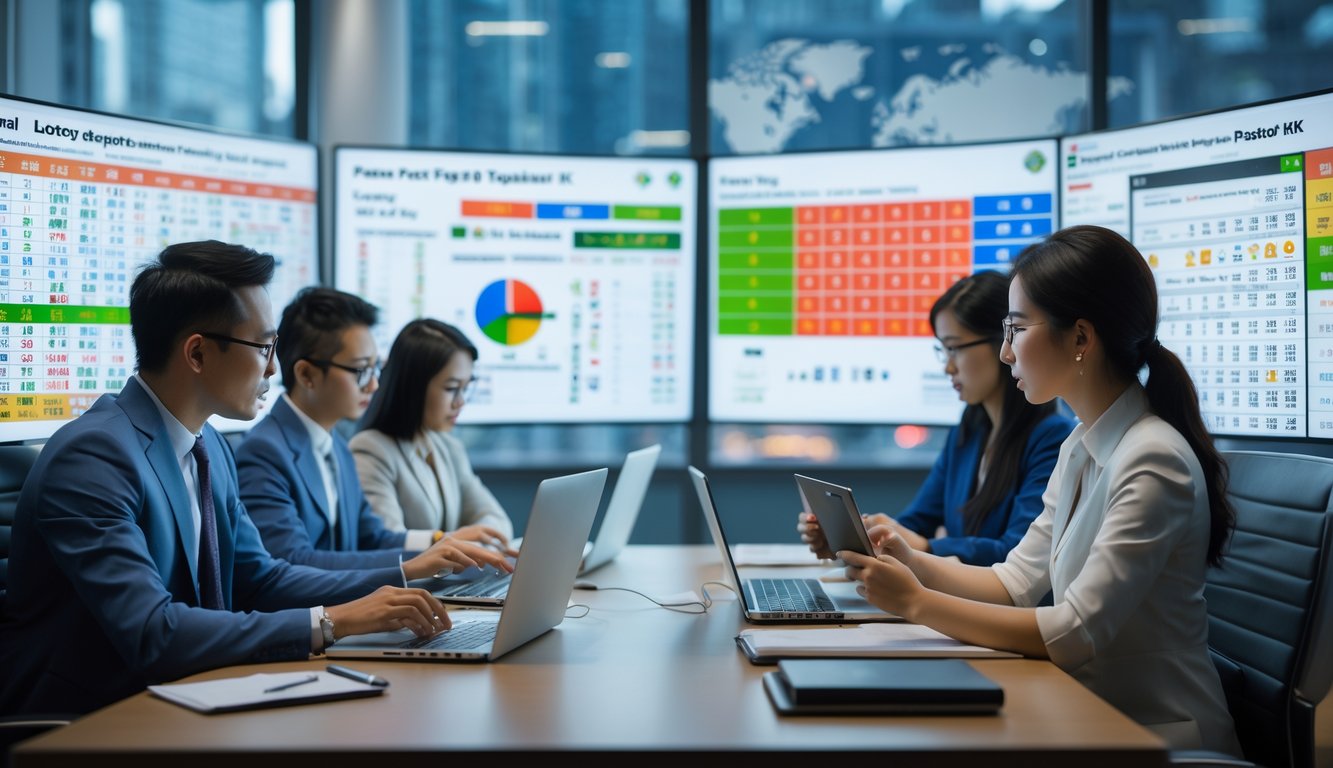 Beberapa orang sedang menganalisis hasil undian togel di ruang kantor dengan layar digital dan peralatan kerja.