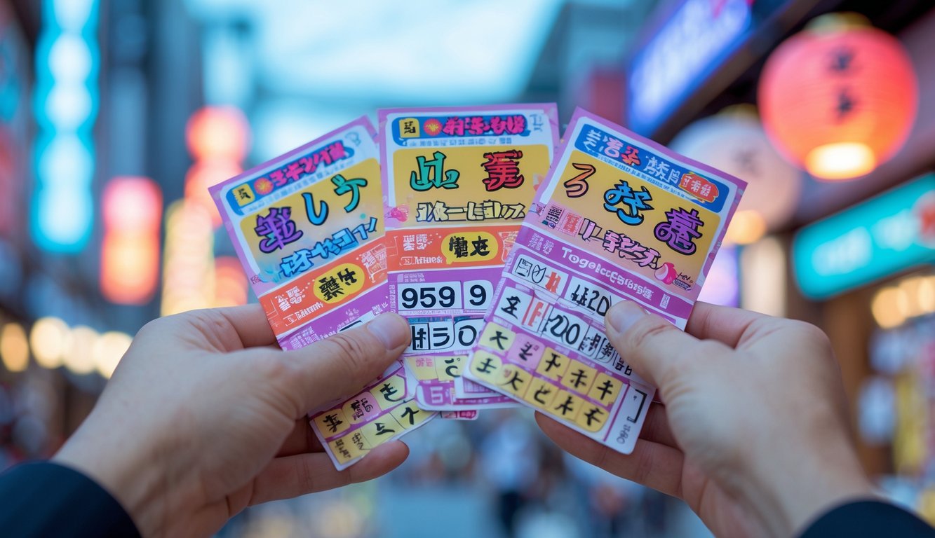 Tangan seseorang memegang tiket lotere berwarna-warni dengan latar belakang kota Jepang yang samar dan lampu neon.