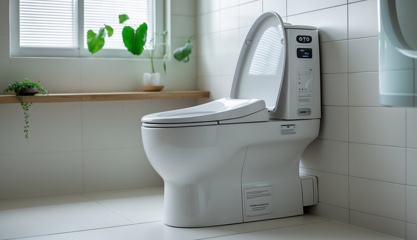 Toilet Jepang modern di kamar mandi bersih dengan tanaman hijau dan pencahayaan alami.