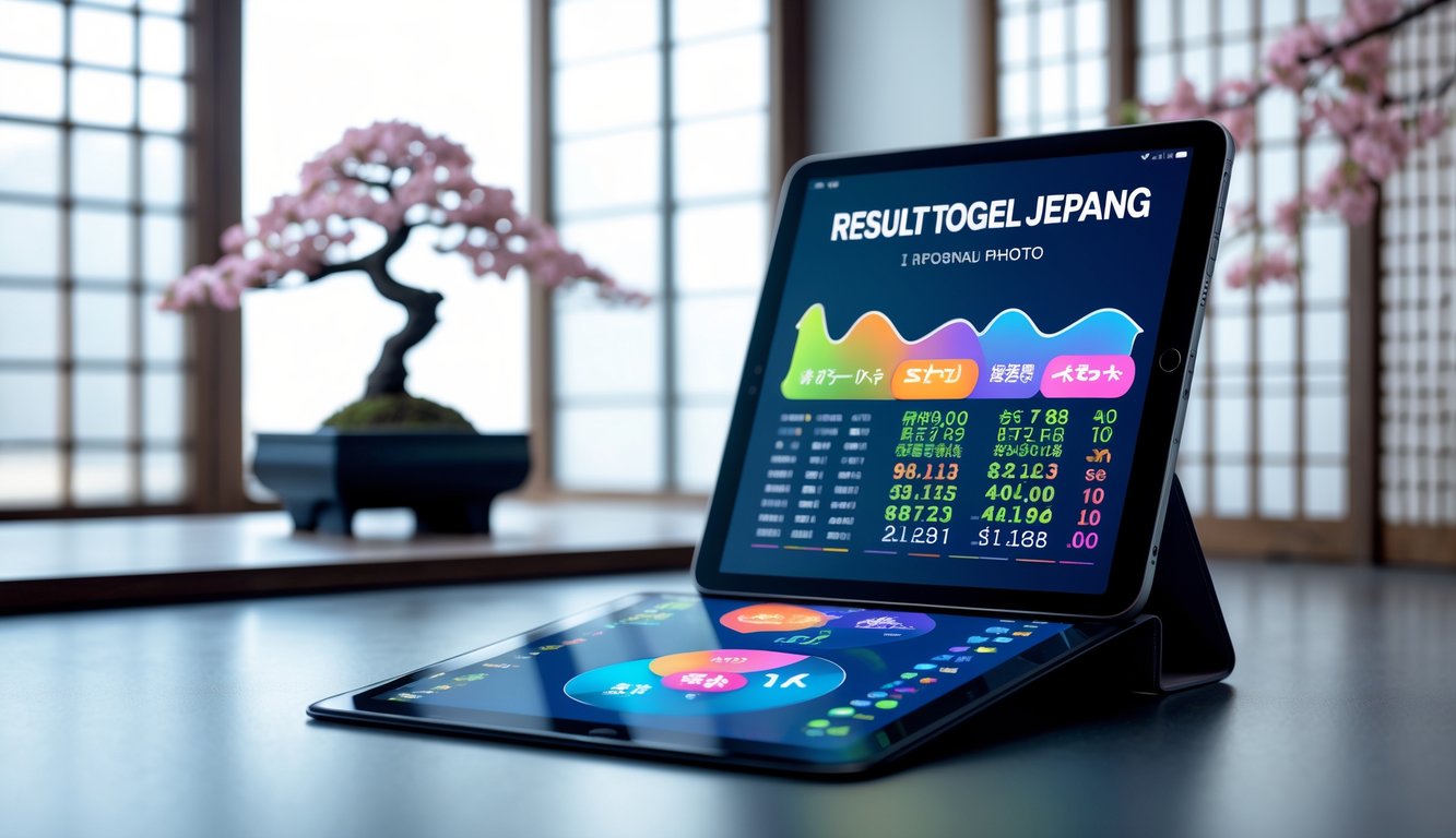 Sebuah meja dengan perangkat digital yang menampilkan data angka dan grafik, dengan latar belakang elemen budaya Jepang seperti pohon bonsai dan cabang bunga sakura.