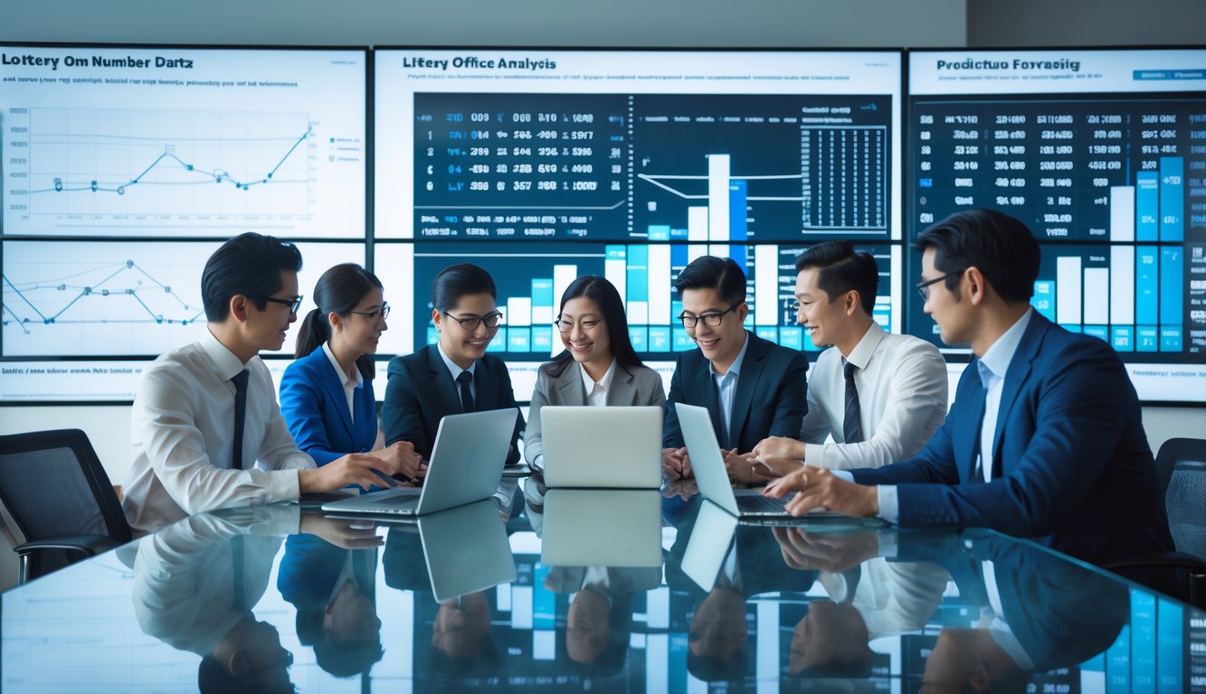 Sekelompok profesional sedang bekerja bersama di kantor modern dengan perangkat digital dan grafik statistik di layar.