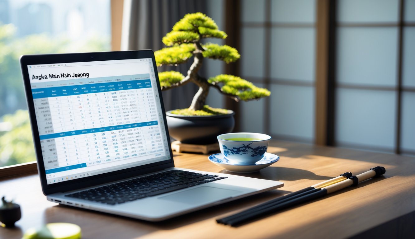 Meja kerja dengan laptop menampilkan data angka, pohon bonsai kecil, kuas kaligrafi Jepang, dan secangkir teh hijau.