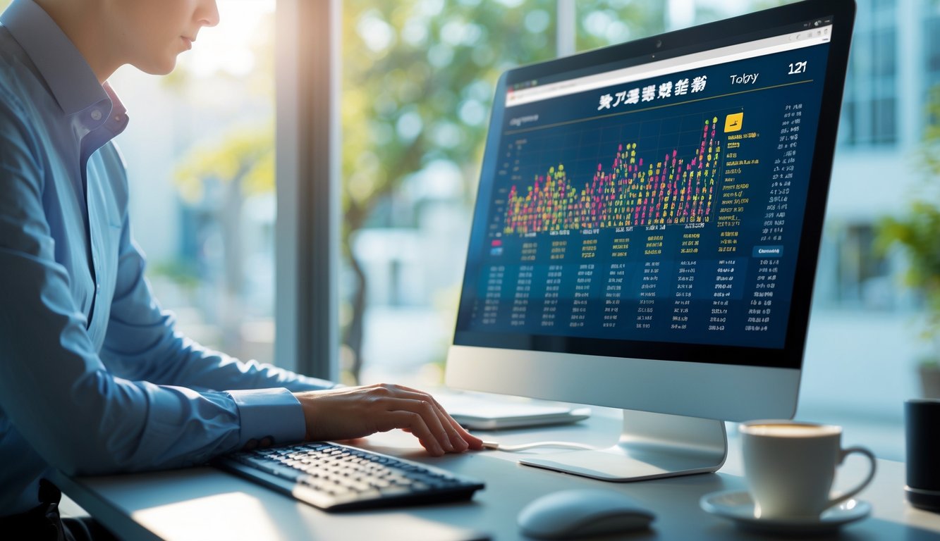 Sebuah layar komputer di kantor modern menampilkan grafik hasil undian Jepang hari ini dengan seseorang di latar belakang yang sedang memperhatikan layar.