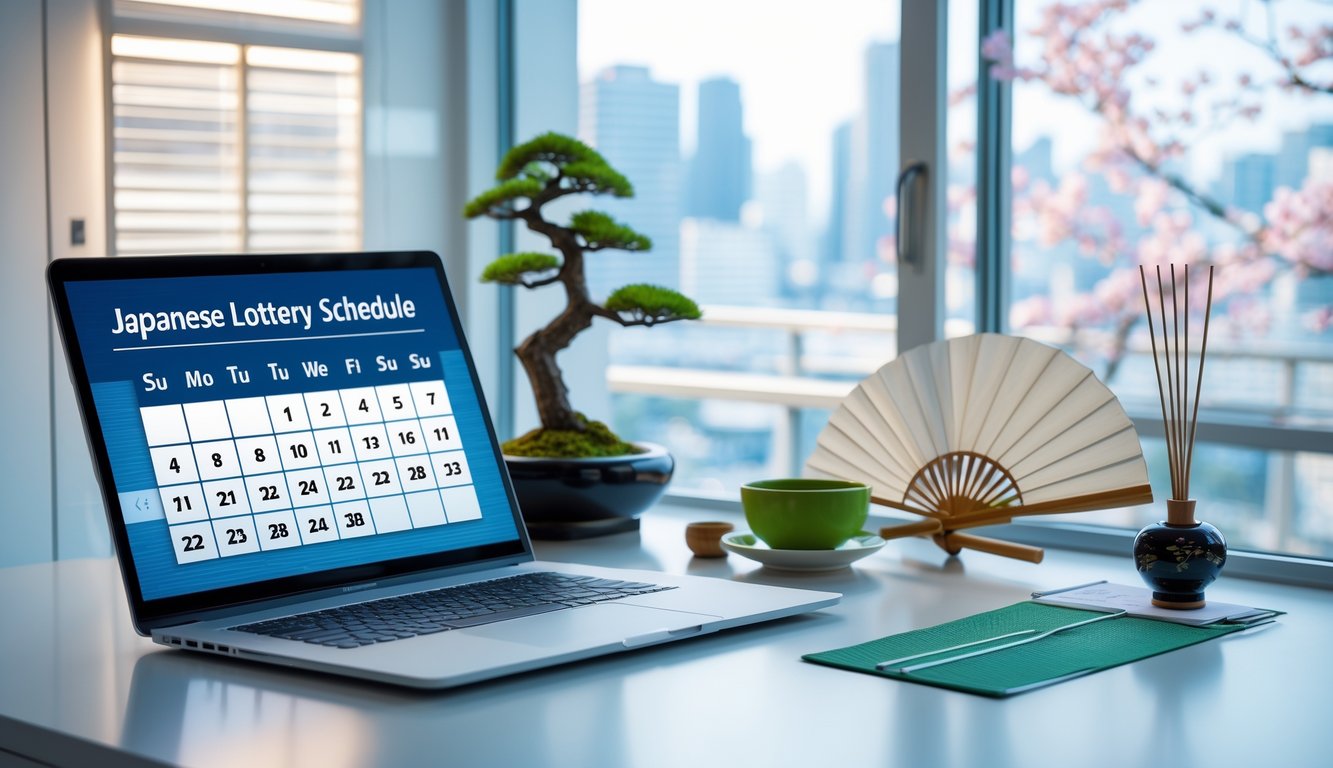 Sebuah meja kantor modern dengan laptop yang menampilkan kalender, pohon bonsai kecil, kipas tradisional Jepang, dan secangkir teh hijau, dengan latar belakang pemandangan kota Jepang.