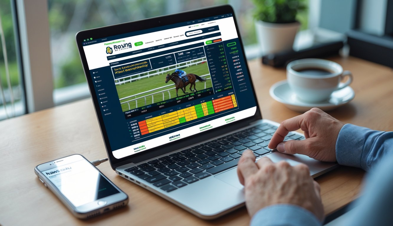 Seseorang menggunakan laptop untuk memasang taruhan balap kuda online di meja kerja dengan ponsel dan kopi di samping.