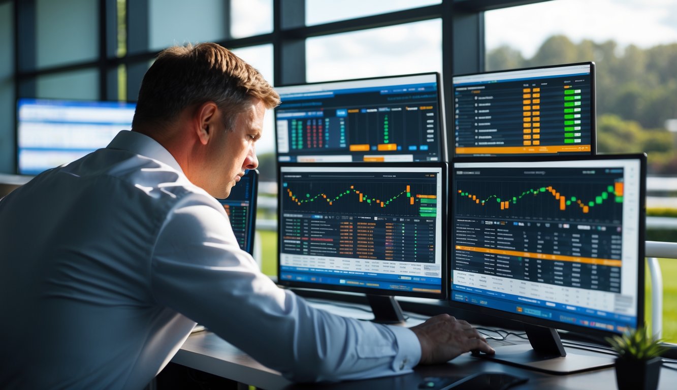 Seorang analis olahraga fokus melihat data dan statistik balap kuda di depan layar komputer dengan latar belakang arena balap kuda.