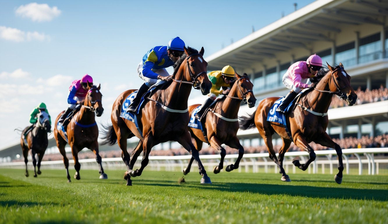 Beberapa kuda pacuan berlari cepat dengan joki mengenakan pakaian balap berwarna-warni di lintasan pacuan kuda dengan tribun penonton di latar belakang.