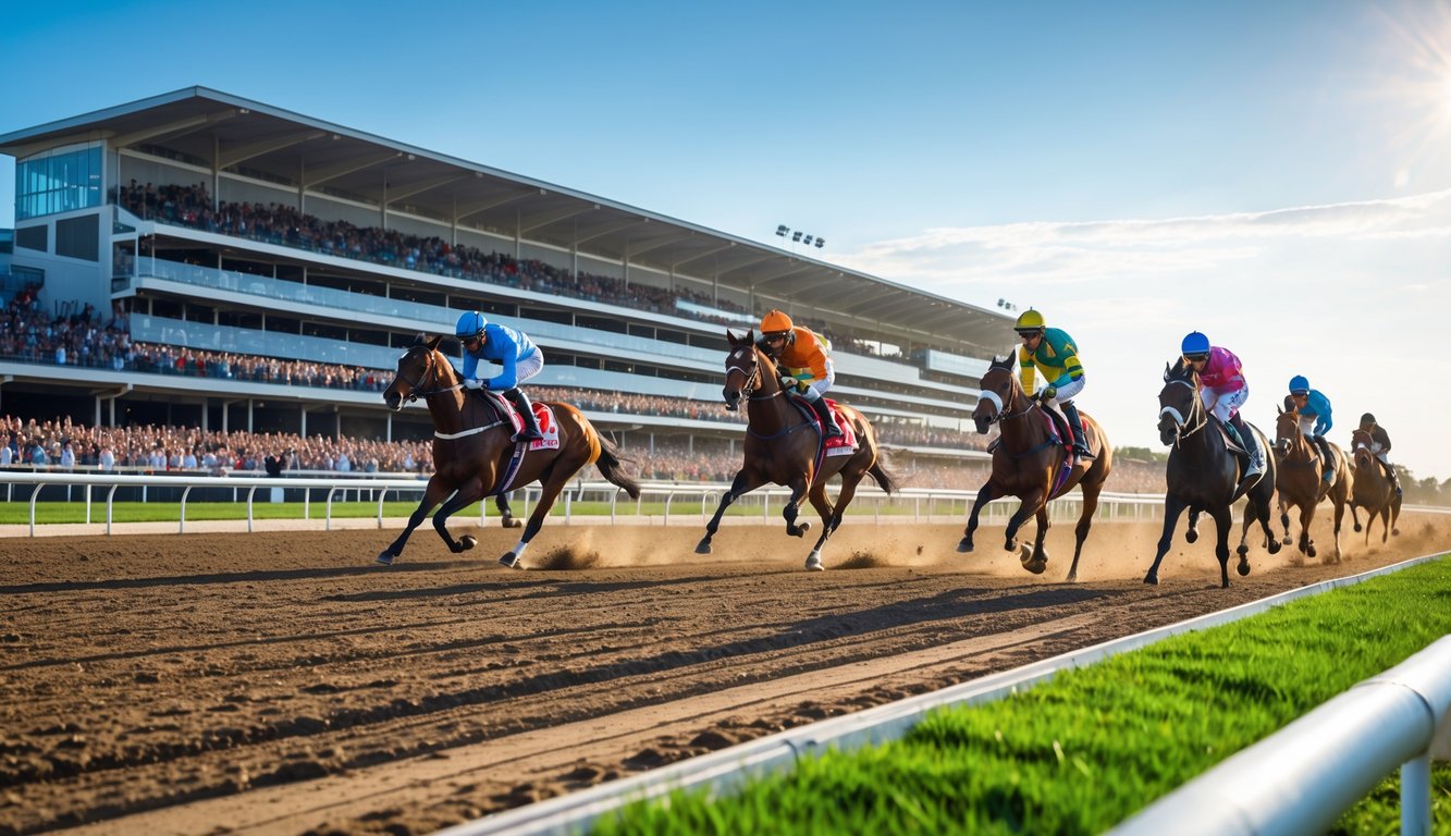 Beberapa kuda pacu dengan joki berwarna-warni sedang berlari cepat di lintasan balap kuda dengan tribun dan penonton di latar belakang.