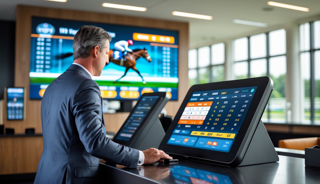 Seorang pria berpakaian rapi sedang menggunakan layar sentuh di konter taruhan pacuan kuda dengan layar besar menampilkan visual pacuan kuda di latar belakang.