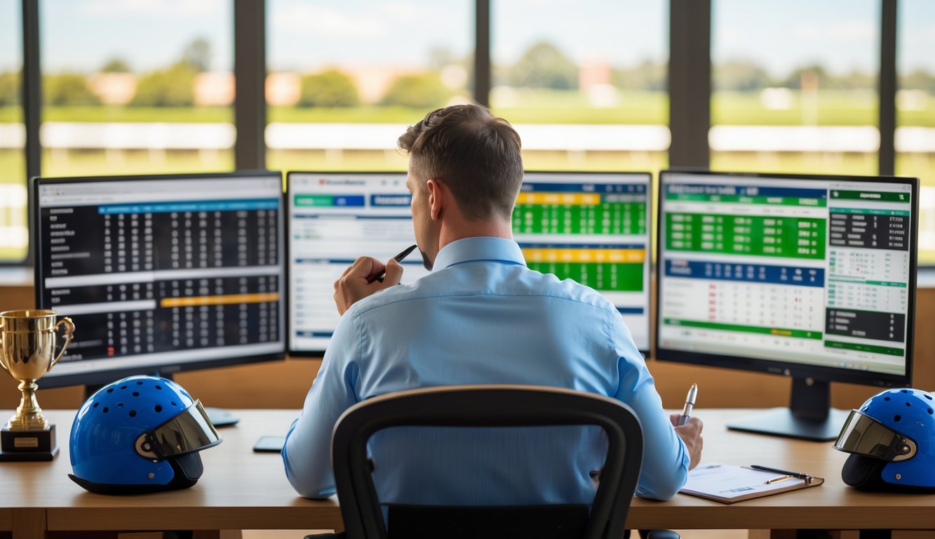 Seorang pria fokus menganalisis strategi taruhan kuda di meja dengan layar yang menampilkan statistik dan grafik balap kuda.