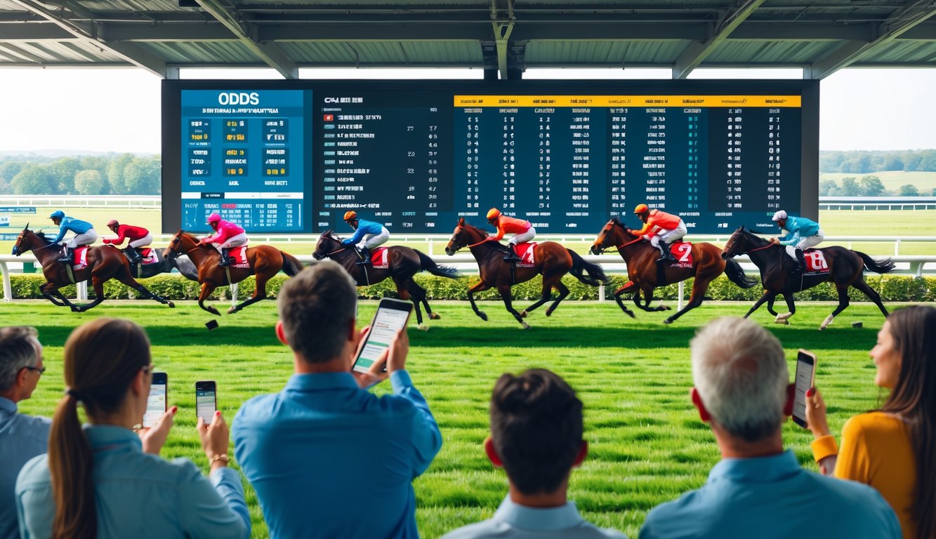 Suasana balap kuda dengan kuda dan joki yang sedang berlomba serta penonton yang memperhatikan dengan antusias.