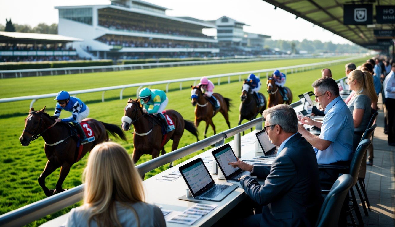 Orang-orang sedang memasang taruhan pada perlombaan kuda di arena pacuan dengan kuda dan joki yang sedang berlomba.