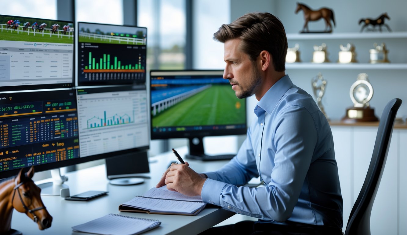 Seorang analis balap kuda sedang bekerja dengan layar komputer yang menampilkan statistik dan rekaman balapan di sebuah kantor modern.