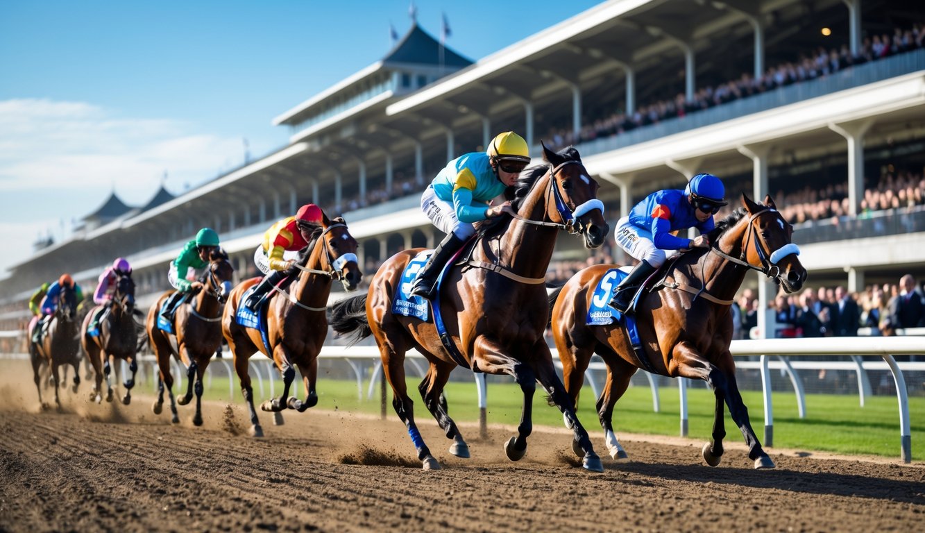 Beberapa kuda pacu berlari cepat di lintasan dengan joki mengenakan pakaian warna-warni, di latar belakang penonton menyaksikan perlombaan.