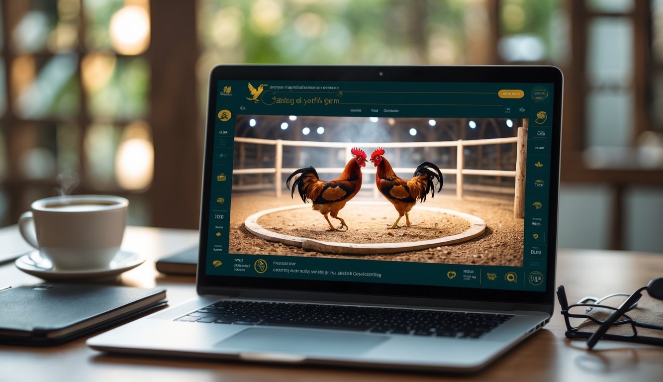 Seorang pengguna melihat pertandingan sabung ayam secara online melalui layar laptop di atas meja kayu dengan beberapa alat tulis di sekitarnya.