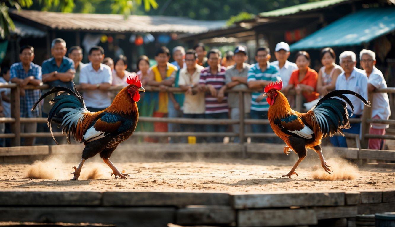 Kerumunan orang menonton pertandingan sabung ayam di arena terbuka dengan dua ayam jago sedang bertarung.