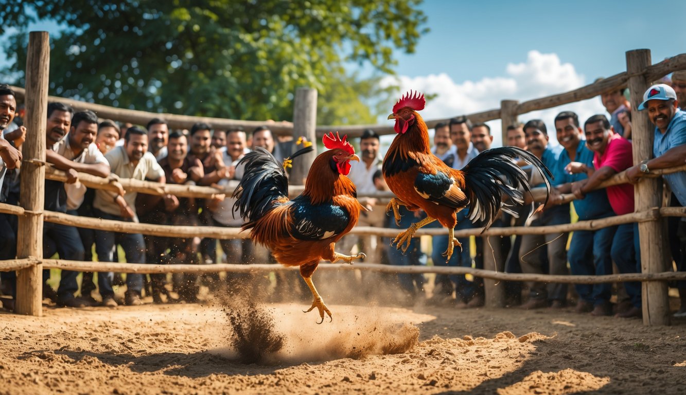 Dua ayam jago sedang bertarung di arena terbuka dengan penonton yang antusias mengelilingi mereka.