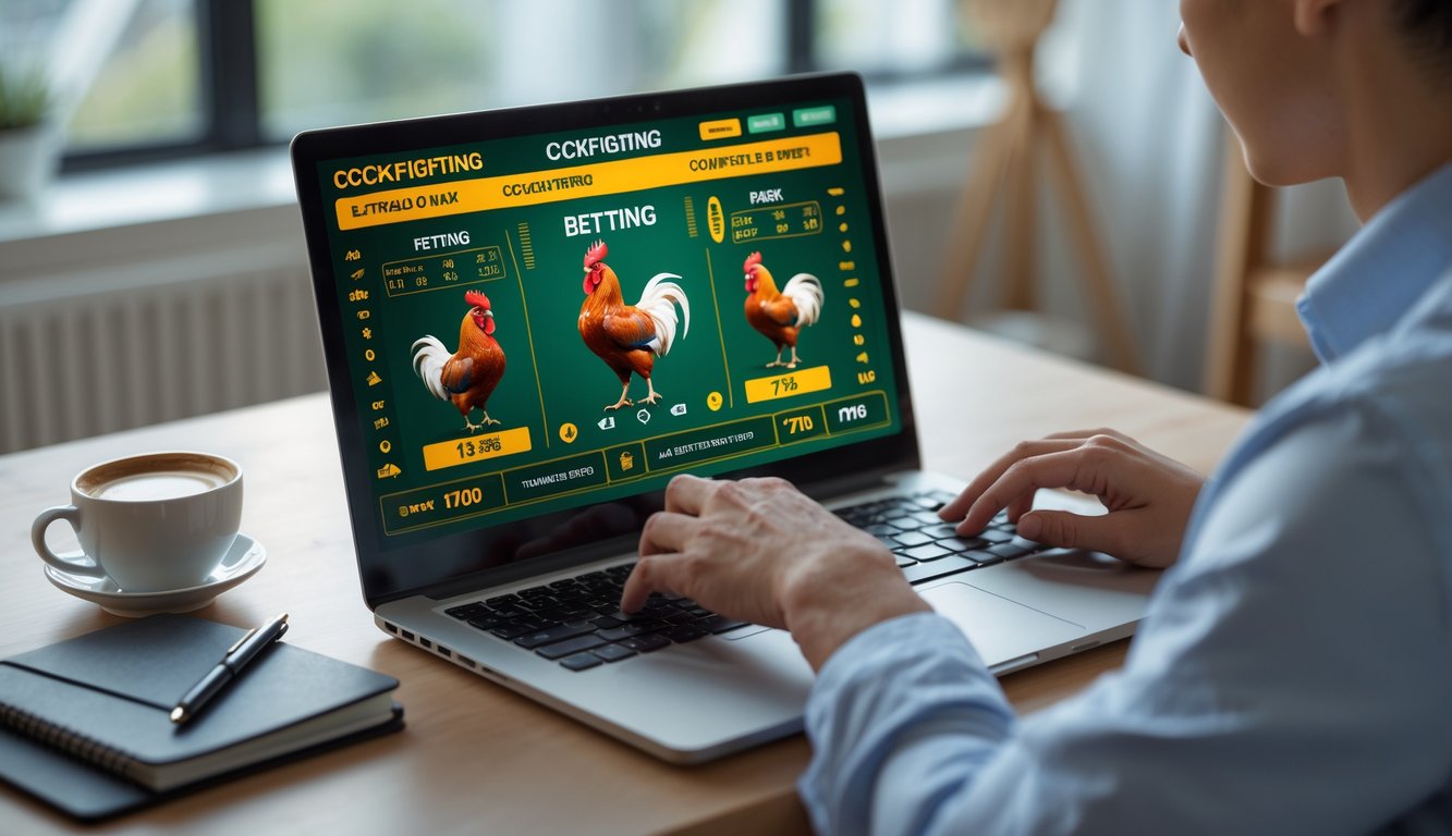 Seseorang menggunakan laptop atau ponsel untuk memasang taruhan sabung ayam online di ruangan yang nyaman.