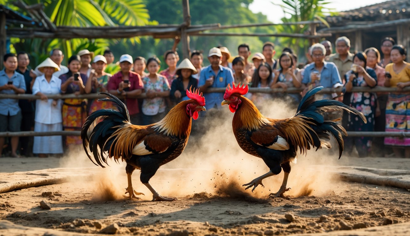 Dua ayam jago sedang bertarung di arena tanah dengan kerumunan penonton yang antusias di sekitarnya.