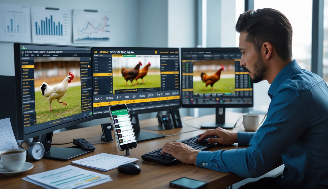 Seorang pria duduk di depan komputer dengan beberapa layar menampilkan pertandingan sabung ayam dan antarmuka taruhan dalam ruangan kantor yang rapi.