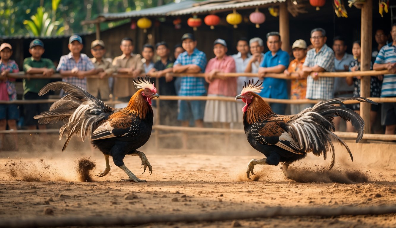 Dua ayam laga sedang bertarung di arena terbuka dengan penonton yang memperhatikan di sekelilingnya.